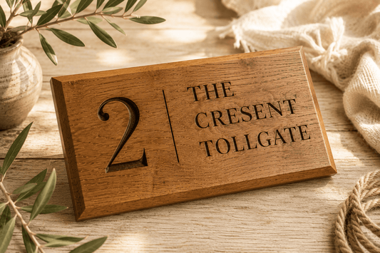 25mm thick solid oak house sign showing engraved face and timber depth