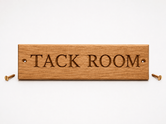 Solid oak tack room sign showing personalised engraved wording