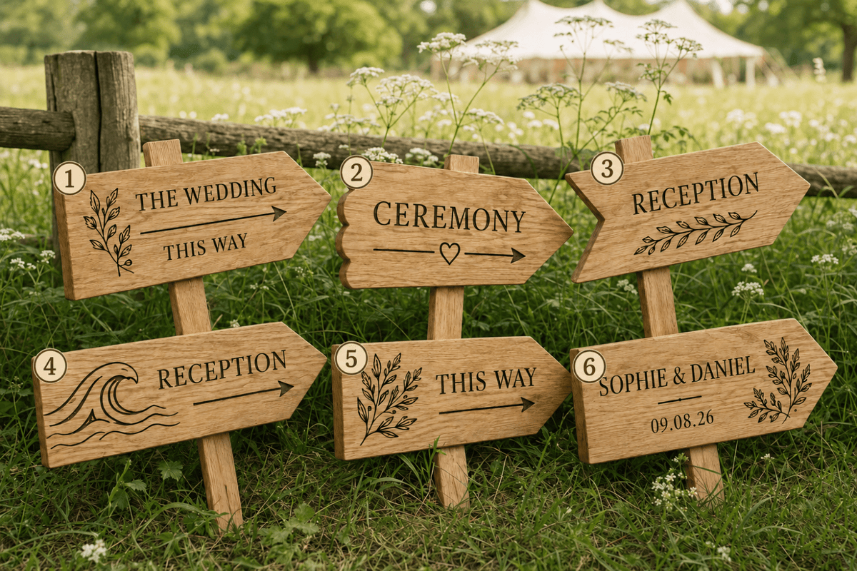 Personalised Oak Wedding Direction Sign - The Merchants Mark