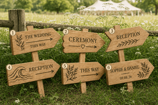 Personalised Oak Wedding Direction Sign - The Merchants Mark