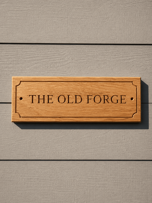 Personalised solid oak house name sign with decorative corner detailing