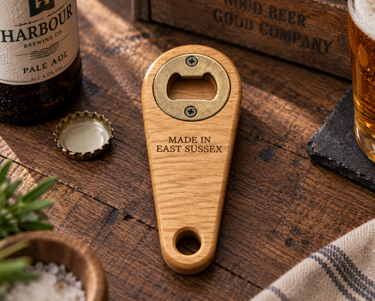 Engraved solid oak bottle opener with fitted metal opening plate