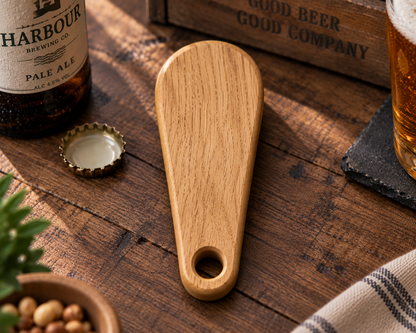 Solid oak bottle opener showing shaped handle and engraved detail