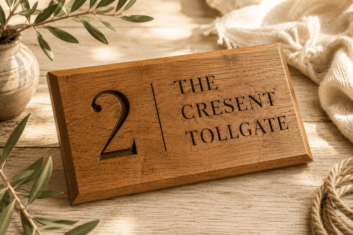 25mm thick solid oak house sign showing engraved face and timber depth