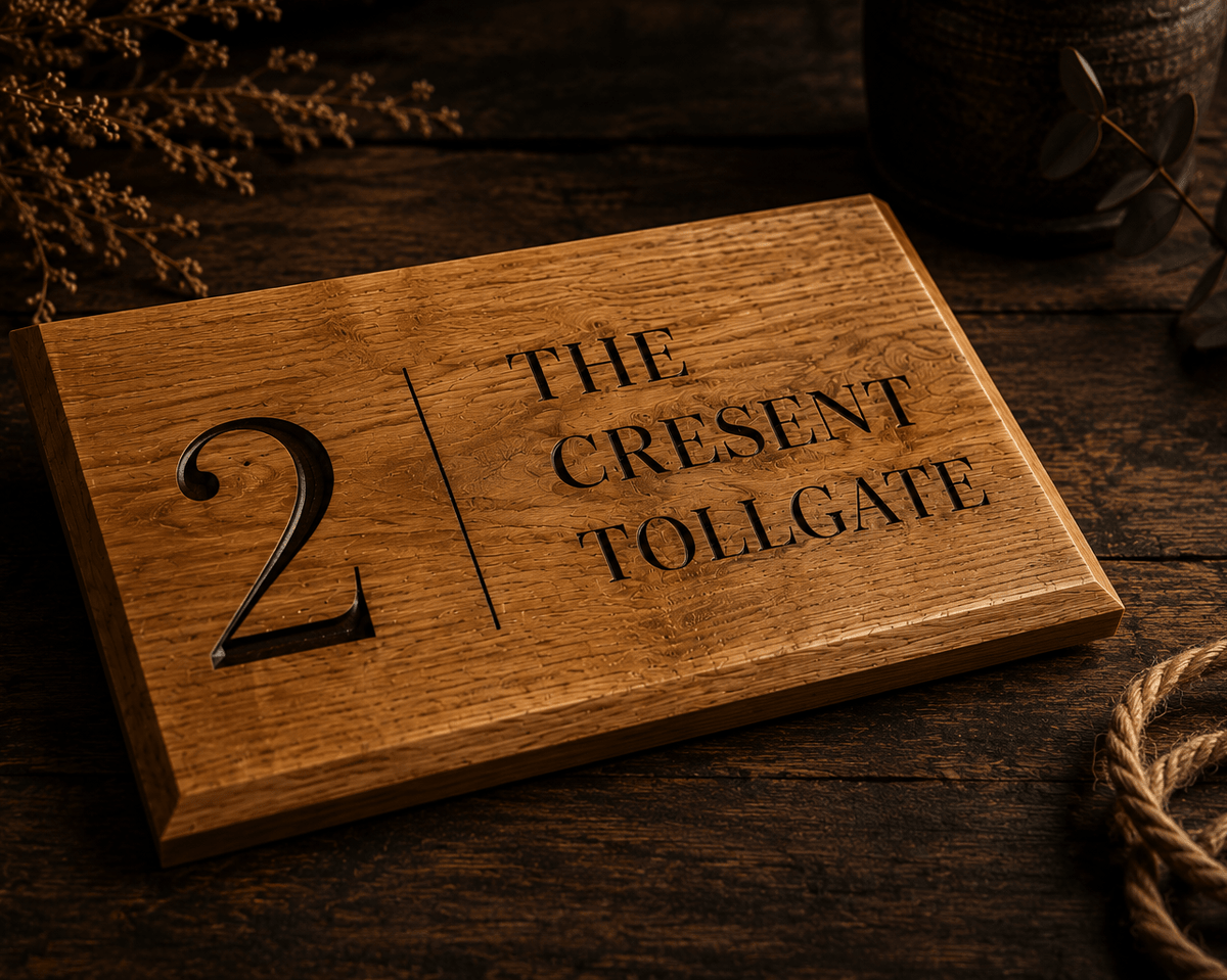 Personalised solid oak house sign with deeply engraved house name