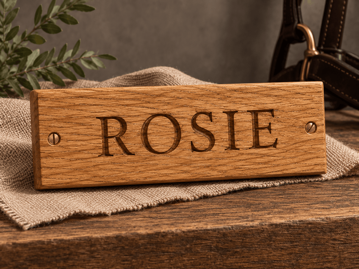 Engraved Oak Stable Name Plaque - The Merchants Mark