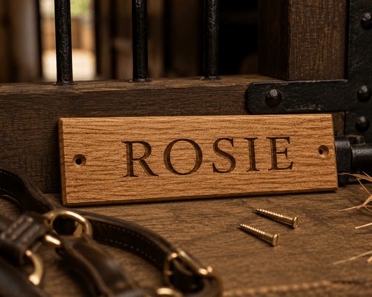 Engraved Oak Stable Name Plaque - The Merchants Mark