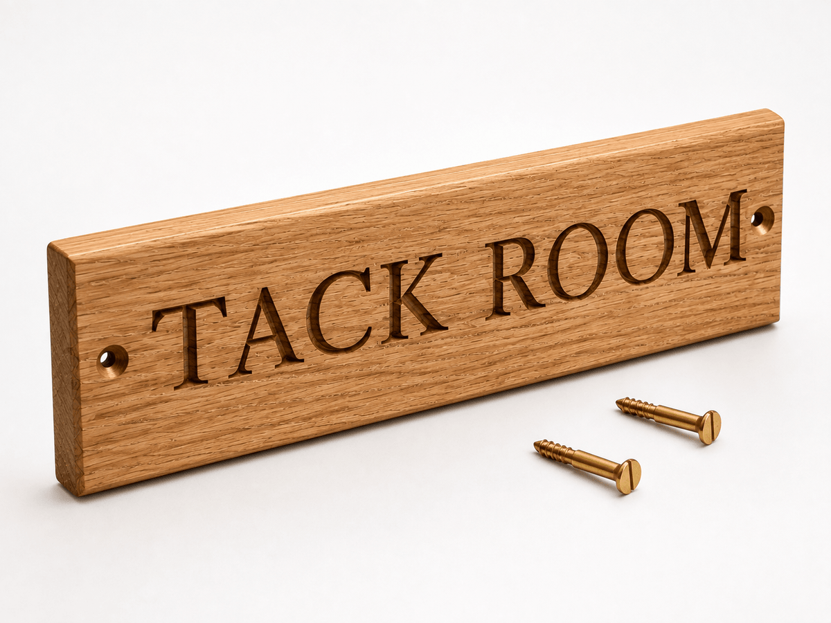 Personalised solid oak tack room nameplate with engraved lettering
