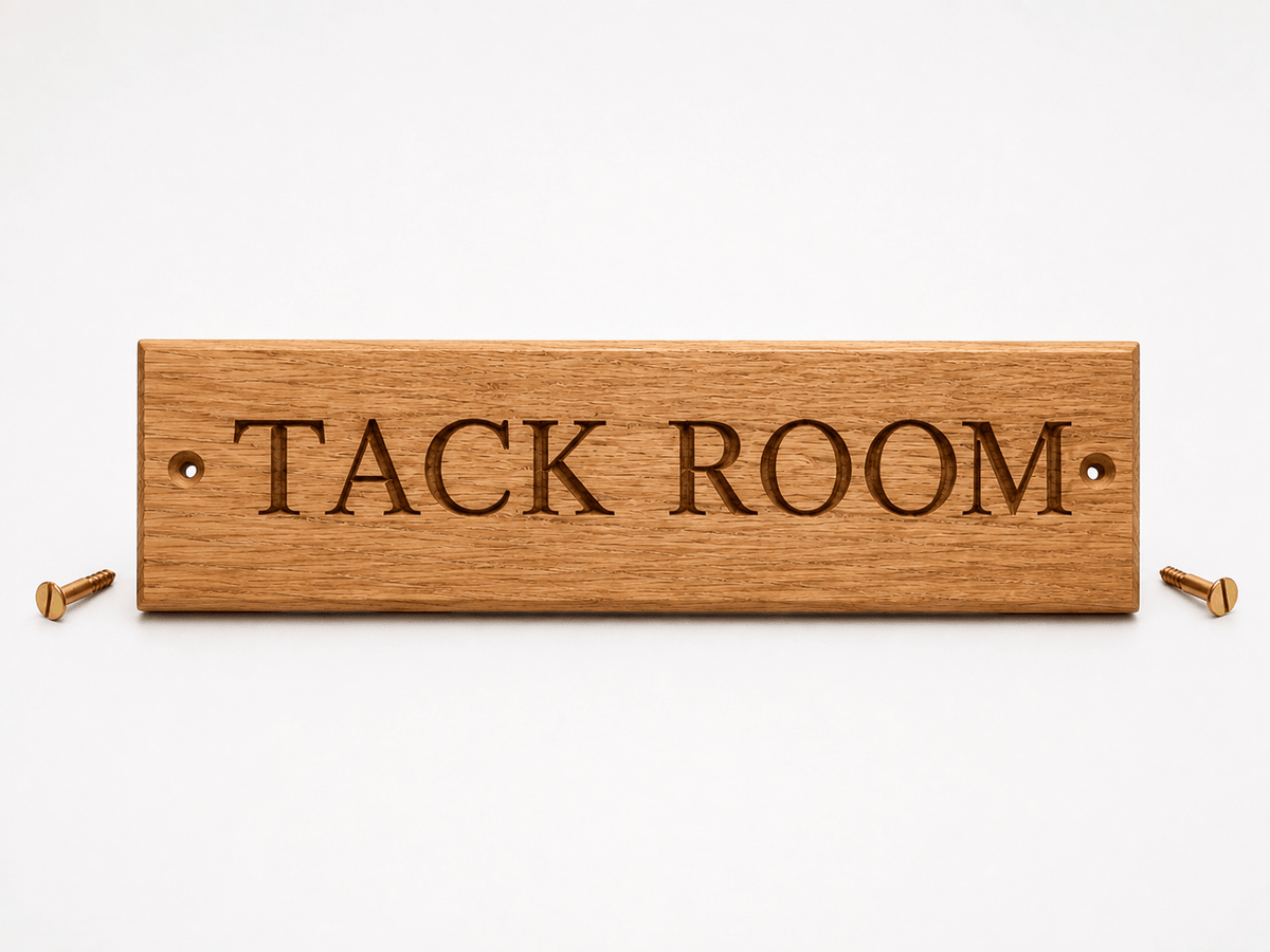 Solid oak tack room sign showing personalised engraved wording