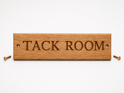 Solid oak tack room sign showing personalised engraved wording