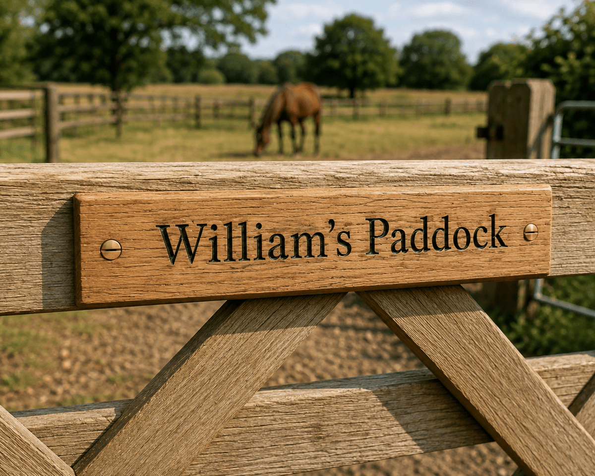 Personalised Solid Oak Paddock Gate Sign - The Merchants Mark