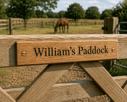 Personalised Solid Oak Paddock Gate Sign - The Merchants Mark
