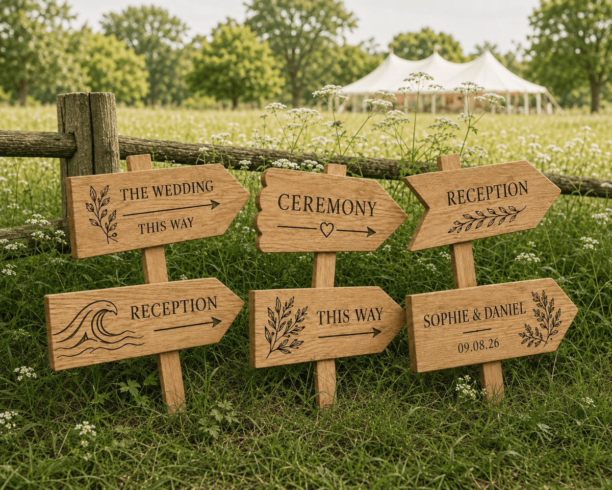 Personalised Solid Oak Wedding Direction Sign - The Merchants Mark