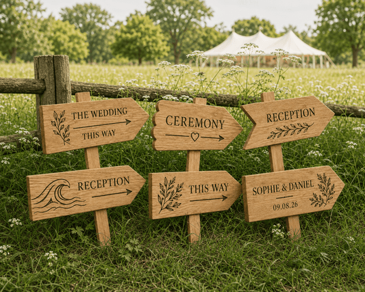 Personalised Solid Oak Wedding Direction Sign - The Merchants Mark