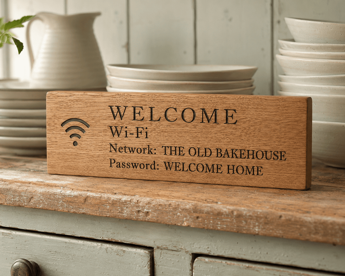 Solid Oak Personalised WiFi Password Sign - The Merchants Mark