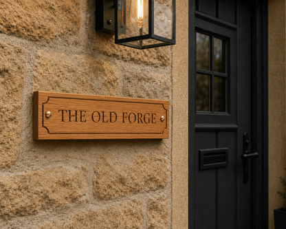 Heritage-style solid oak house sign fitted at a property entrance