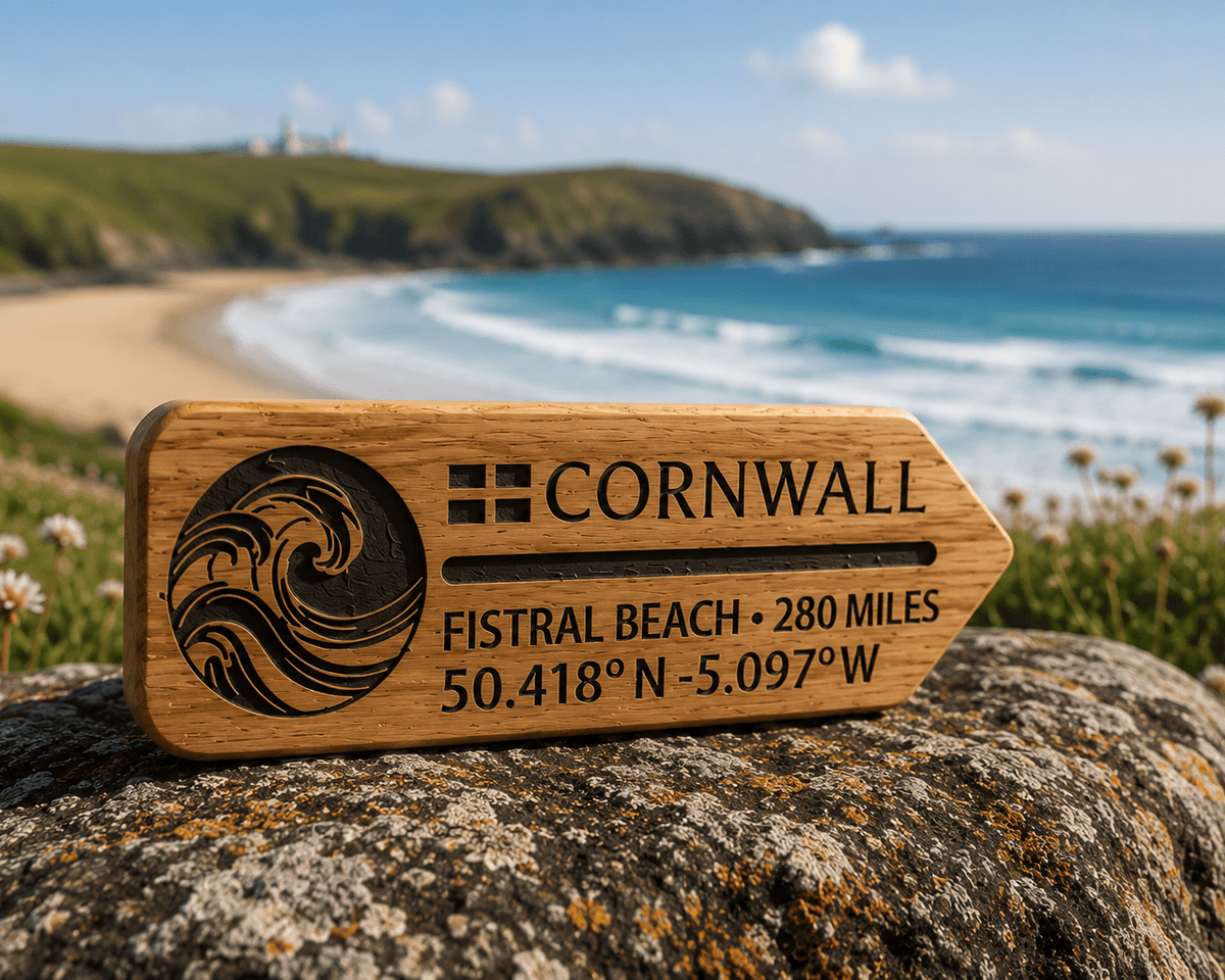 The Wayfinder personalised solid oak direction sign with engraved destination