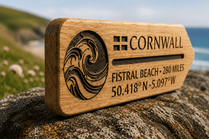 Freestanding engraved oak direction sign showing the arrow-shaped design