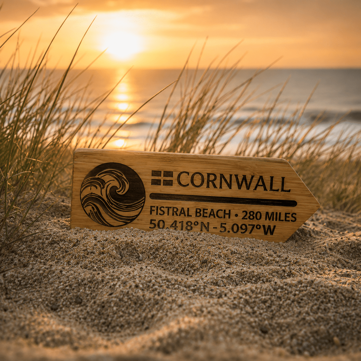 Personalised oak destination sign displayed within a beach environment