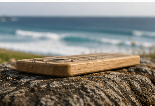 Personalised solid oak Wayfinder direction sign viewed from side